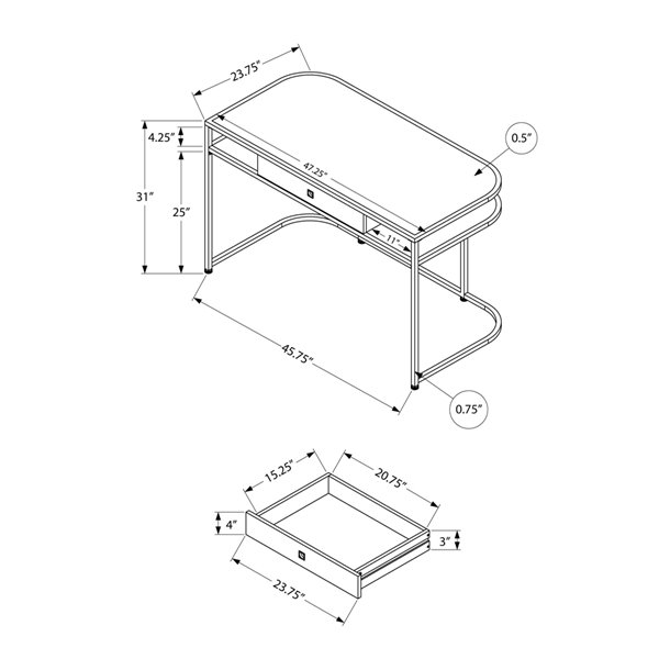 Bureau d'ordinateur en blanc lustré et métal chromé, 1 tiroir de rangement et 2 tablettes ouvertes, 48 po L