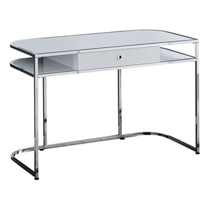 Bureau d'ordinateur en blanc lustré et métal chromé, 1 tiroir de rangement et 2 tablettes ouvertes, 48 po L