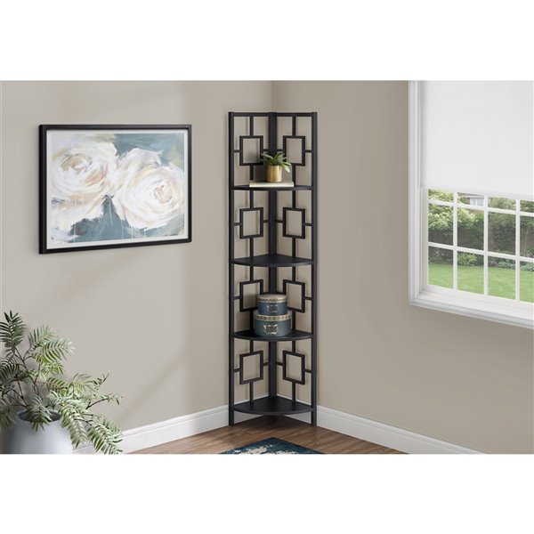 Monarch Specialties Corner Bookcase Brown Reclaimed Wood Look and Black Metal - 60-in H