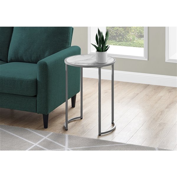 Monarch Specialties Accent Table - White Marble Look and Silver Metal - 24-in H