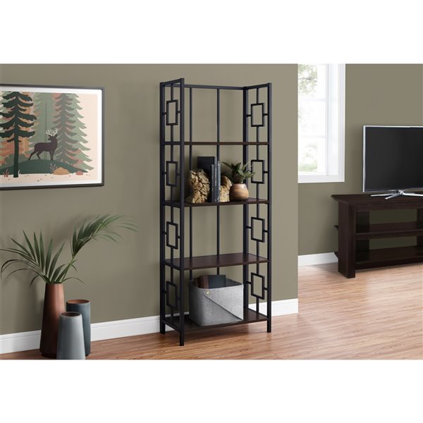 Monarch Specialties Corner Bookcase Etagere - Dark Taupe and Black Metal - 62-in H