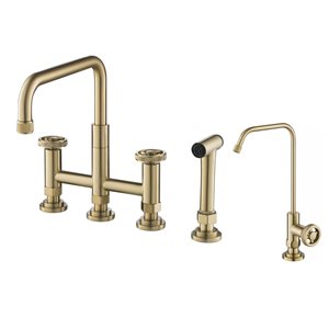 Kraus Urbix Bridge Kitchen Faucet and Filter Faucet in Brushed Gold