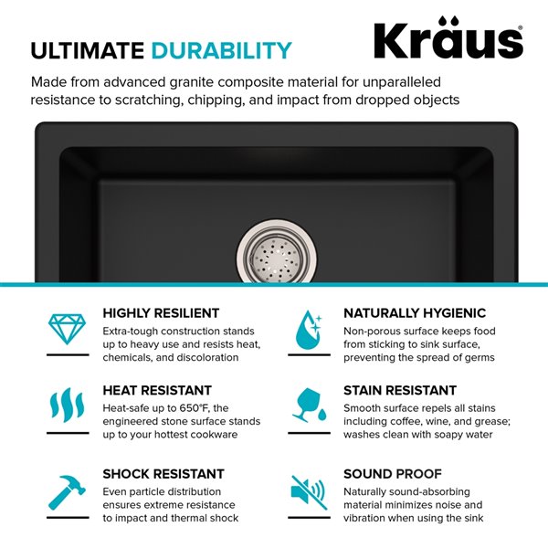 Évier de cuisine simple Kraus granit double fixation 24 po noir onyx  KGD-410B