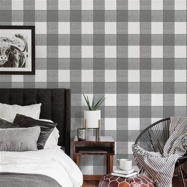 Scott Living Scottish Self-Adhesive Wallpaper - 20.5-in x 18-ft - Charcoal Grey/White