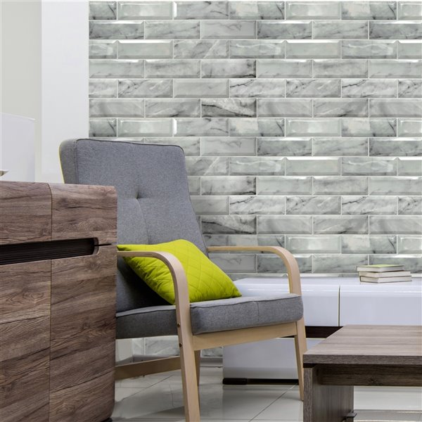 Dundee Deco Falkirk Retro 3D II - PVC 3D Wall Panel - Vintage Off-White Marble Faux Bricks - 3.3-ft X 2-ft  - 6.4 Sq. Ft. each