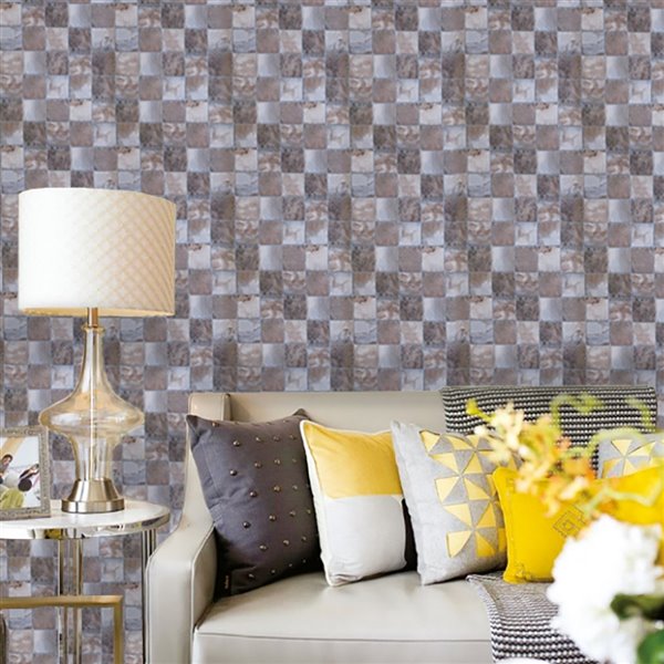 Dundee Deco Falkirk McGowen Peel and Stick Wallpaper Distressed Marble Brown, Grey Tiles - 35.5 Sq. ft.