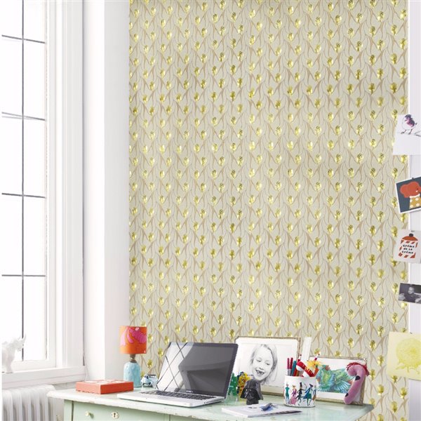 Dundee Deco Falkirk McGowen Peel and Stick Wallpaper Floral Glitter Gold, Green, Yellow Tulips - 26.6 Sq. ft.