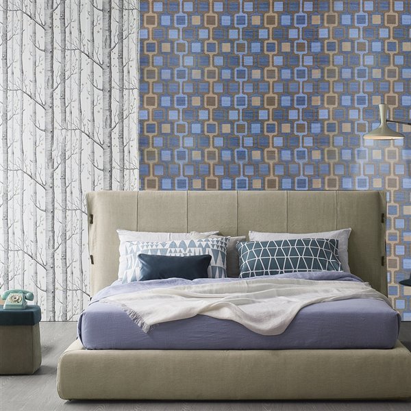 Dundee Deco Falkirk McGowen Peel and Stick Wallpaper Geometric Printed Sepia Aegean Blue Silver Square Shape - 26.6 Sq. ft.