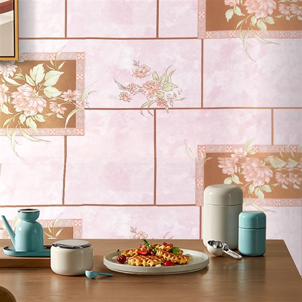 Dundee Deco Falkirk McGowen Peel and Stick Wallpaper Floral Printed Pink, Green Flowers in Tiles - 26.6 Sq. ft.