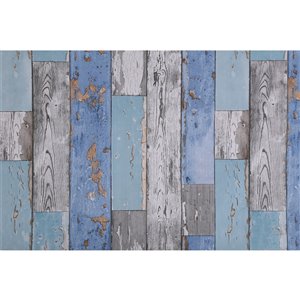 Dundee Deco Falkirk McGowen Peel and Stick Wallpaper Distressed Wooden Blue, Teal, Grey Planks - 26.6 Sq. ft.