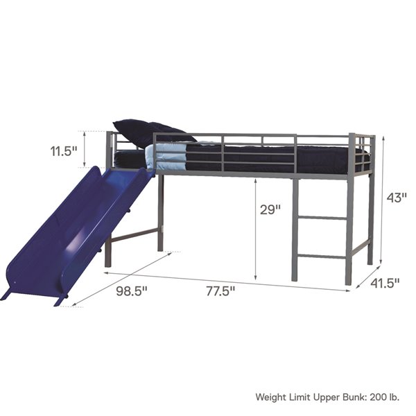 DHP Loft Bed - Twin/Twin - 43-in x 77.5-in x 98.5-in - Silver/Blue