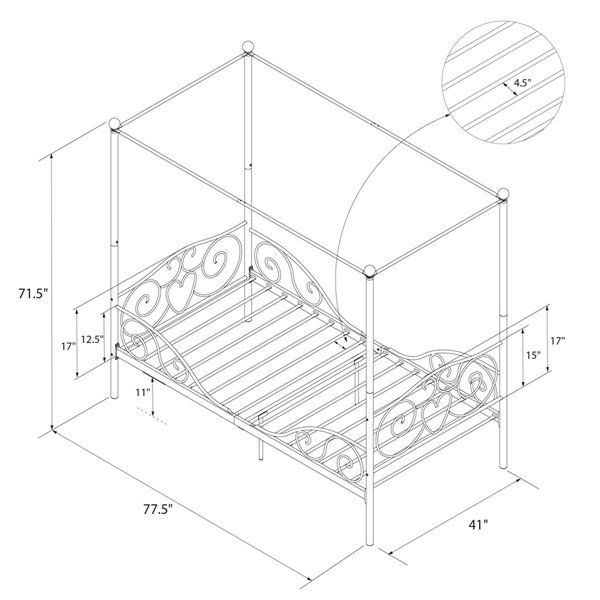 DHP Canopy Metal Bed Twin 71.5in x 41in x 77.5in Pink 4020759