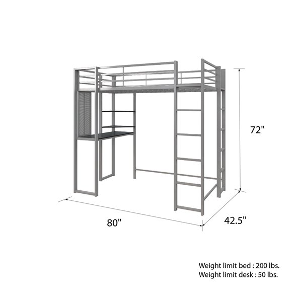 DHP Abode Study Loft Bed - Twin - 42.5-in x 80-in x 72-in - Black