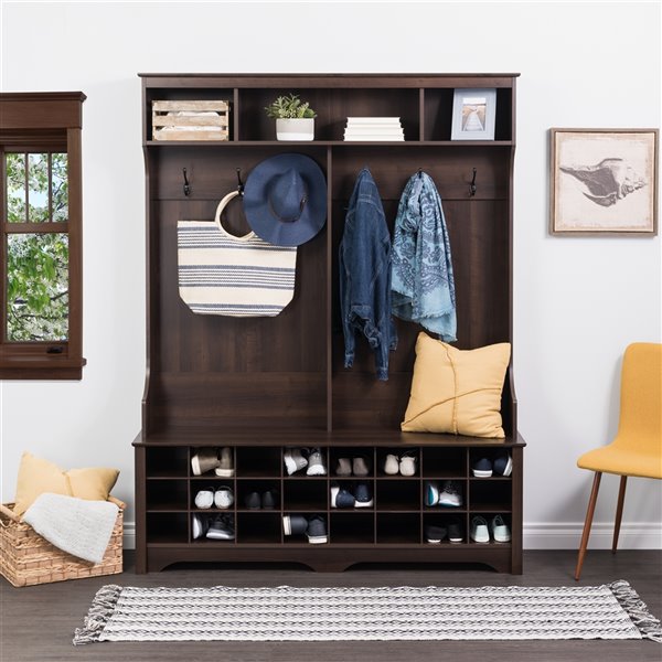 Meuble d'entrée pour rangement brun espresso Prepac avec 24 compartiments 77 po x 60 po x 15.5 po