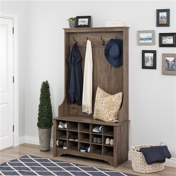 Prepac Hall Tree with Shoe Storage in Drifted Gray Finish - 68-in x 38-in x 15.75-in