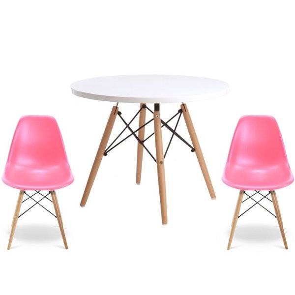Ensemble pour enfants 2 chaises et 1 table style Eames de Plata Import rose et pied en bois