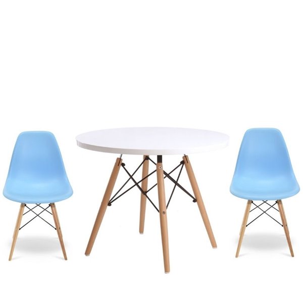 Ensemble pour enfants 2 chaises et 1 table style Eames de Plata Import bleu et pied en bois