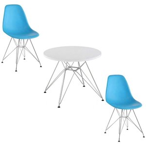 Ensemble pour enfants 2 chaises et 1 table style Eames de Plata Import bleu et pied chromé