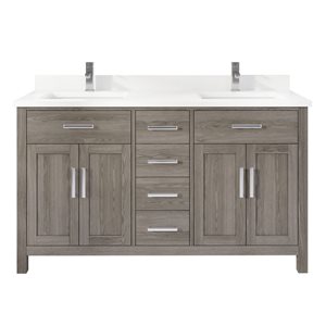 Meuble lavabo double Kate de Ikou pour salle de bain, barre d'alimentation et organisateur de tiroirs, gris, 60 po