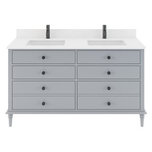 Meuble lavabo double Farrow de Ikou pour salle de bain, barre d'alimentation et organisateur de tiroirs, gris. 60 po