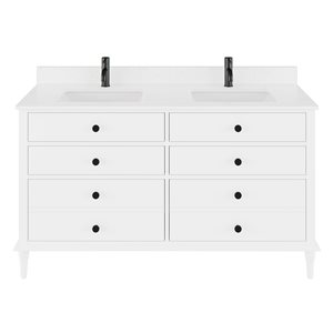 Meuble-lavabo double Riley de Ikou pour salle de bain, barre d'alimentation et organisateur de tiroirs, blanc, 60 po