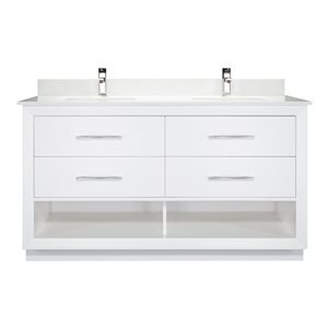 Meuble-lavabo double Riley de Ikou pour salle de bain, barre d'alimentation et organisateur de tiroirs, blanc, 60 po