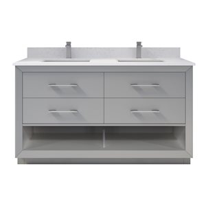 Meuble-lavabo double Riley de Ikou pour salle de bain, barre d'alimentation et organisateur de tiroirs, gris, 60 po