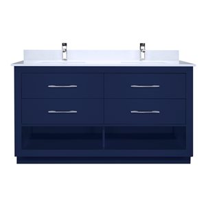 Meuble-lavabo double Riley de Ikou pour salle de bain, barre d'alimentation et organisateur de tiroirs, bleu, 60 po