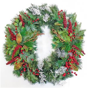 Couronne décorée intérieure/extérieure Henryka, 30 po, baies rouges et feuilles argentées