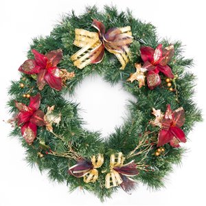 Couronne décorée intérieure/extérieure Henryka, 30 po, fleurs rouges et boucles dorées