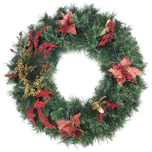Couronne décorée intérieure/extérieure Henryka, 30 po, fleurs rouges et décorations argentées