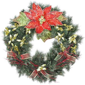 Couronne décorée intérieure/extérieure Henryka, 30 po, poinsettia et boucles rouge