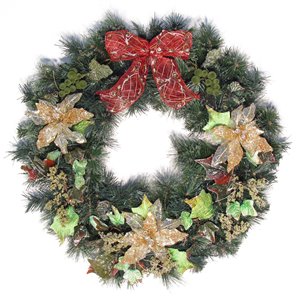 Couronne décorée intérieure/extérieure Henryka, 30 po, boucles rouges et fleurs dorées