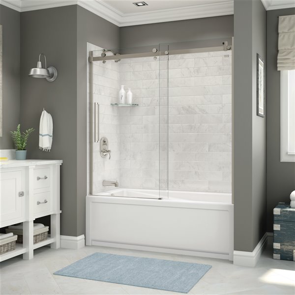 Utile By Maax Marble Carrara Tub Shower Kit Left Drain Halo Brushed Nickel 60 In X 32 In X 81 In Rona