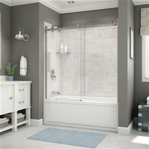 Utile by MAAX Marble Carrara Tub Shower Kit, Left Drain, Halo Brushed Nickel - 60-in x 32-in x 81-in