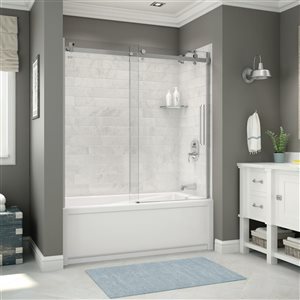 Utile by MAAX Marble Carrara Tub Shower Kit, Right Drain, Halo Chrome - 60-in x 32-in x 81-in