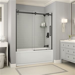Utile by MAAX Metro Soft Grey Tub Shower Kit, Right Drain, Halo Matte Black - 60-in x 32-in x 81-in