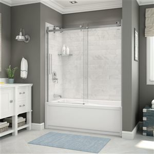 Utile by MAAX Marble Carrara Tub Shower Kit, Left Drain, Halo Chrome - 60-in x 32-in x 81-in