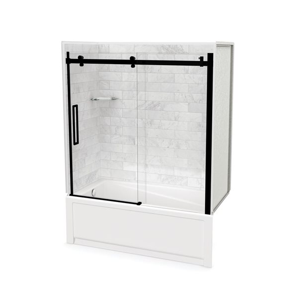 Ensemble de bain-douche Utile par MAAX noir mat et marbre Carrara de 60 po x 32 po x 81 po avec drain à gauche, 5 pièces