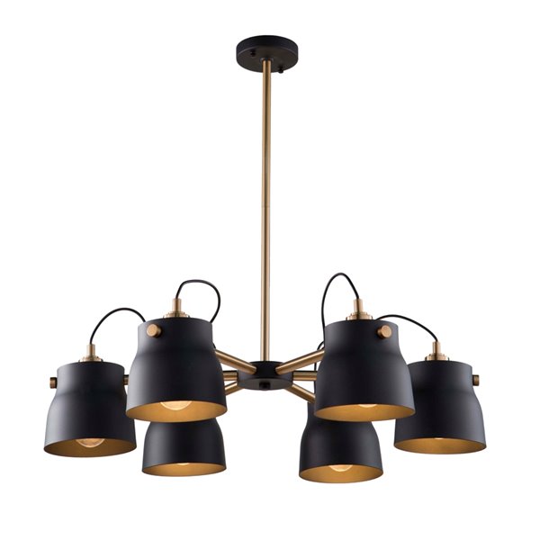 Artcraft Lighting Euro Industrial  AC11366VB 6-Light Chandelier - 30.75-in x 7.75-in - Matte Black/Harvest Brass