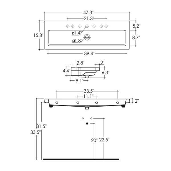 Nameeks Serie 40 Drop-In Ceramic Bathroom Sink - Square - 47.2-in x 15.7-in