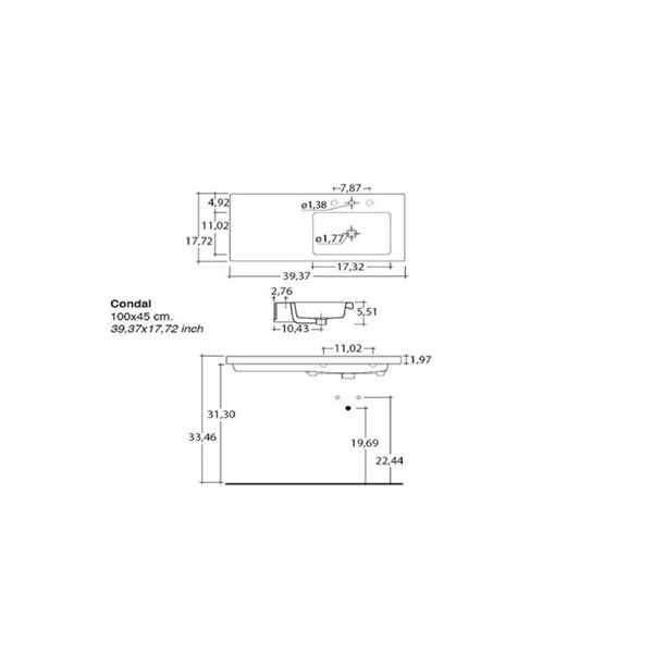 Nameeks Condal Wall Mounted Ceramic Bathroom Sink in White - Square - 39.37-in x 17.72-in