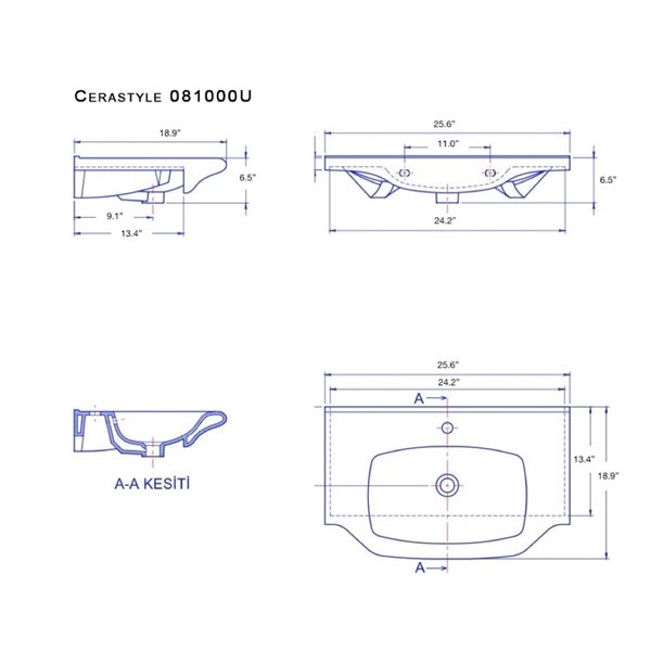 Nameeks Yeni Klasik Wall Mounted Bathroom Sink in White - Rectangular - 25.6-in x 18.8-in