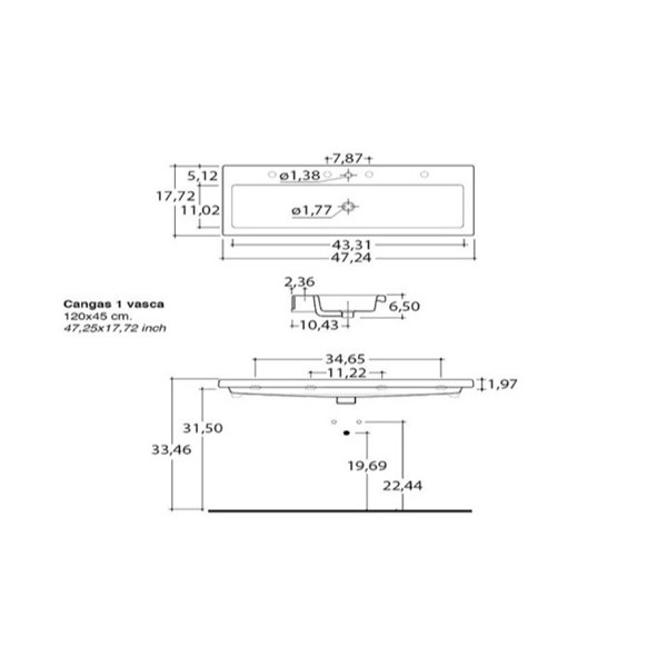 Nameeks Cangas Wall Mounted Ceramic Bathroom Sink in White - Square - 47.24-in x 17.72-in