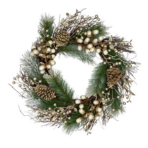 Northlight Acorn and Pine Cone Flocked Pine Needle Artificial Xmas Wreath - 11-in