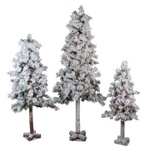 Northlight Set of 3 Pre-Lit Heavily Flocked Alpine Artificial Xmas Trees - 5-ft