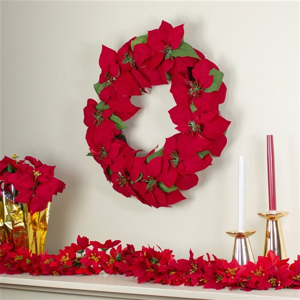 Northlight Red Artificial Poinsettia Flower Christmas Wreath - Unlit - 24-in