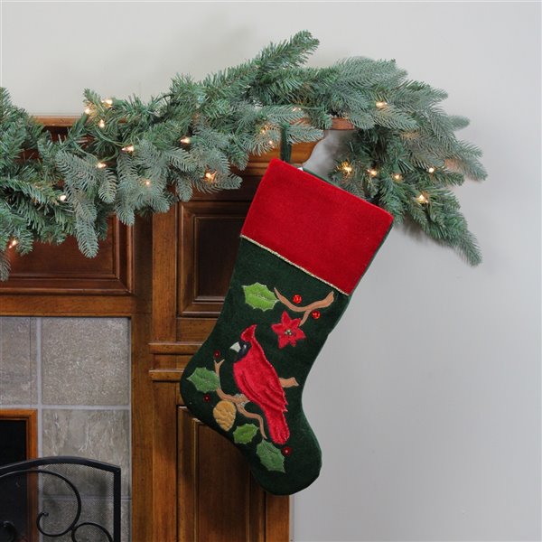 Northlight Cardinal Embroidered Christmas Stocking - 20.5-in - Red and Green