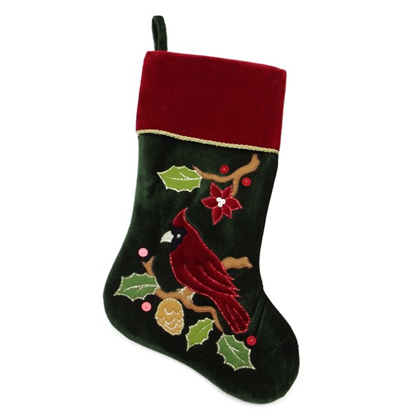 Northlight Cardinal Embroidered Christmas Stocking - 20.5-in - Red and Green