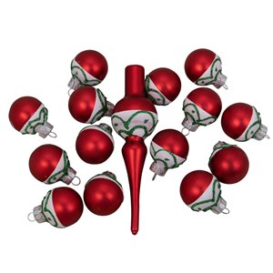 Northlight Frosted Tree Topper with Christmas Ball Ornaments - 15-Pcs - Red and White